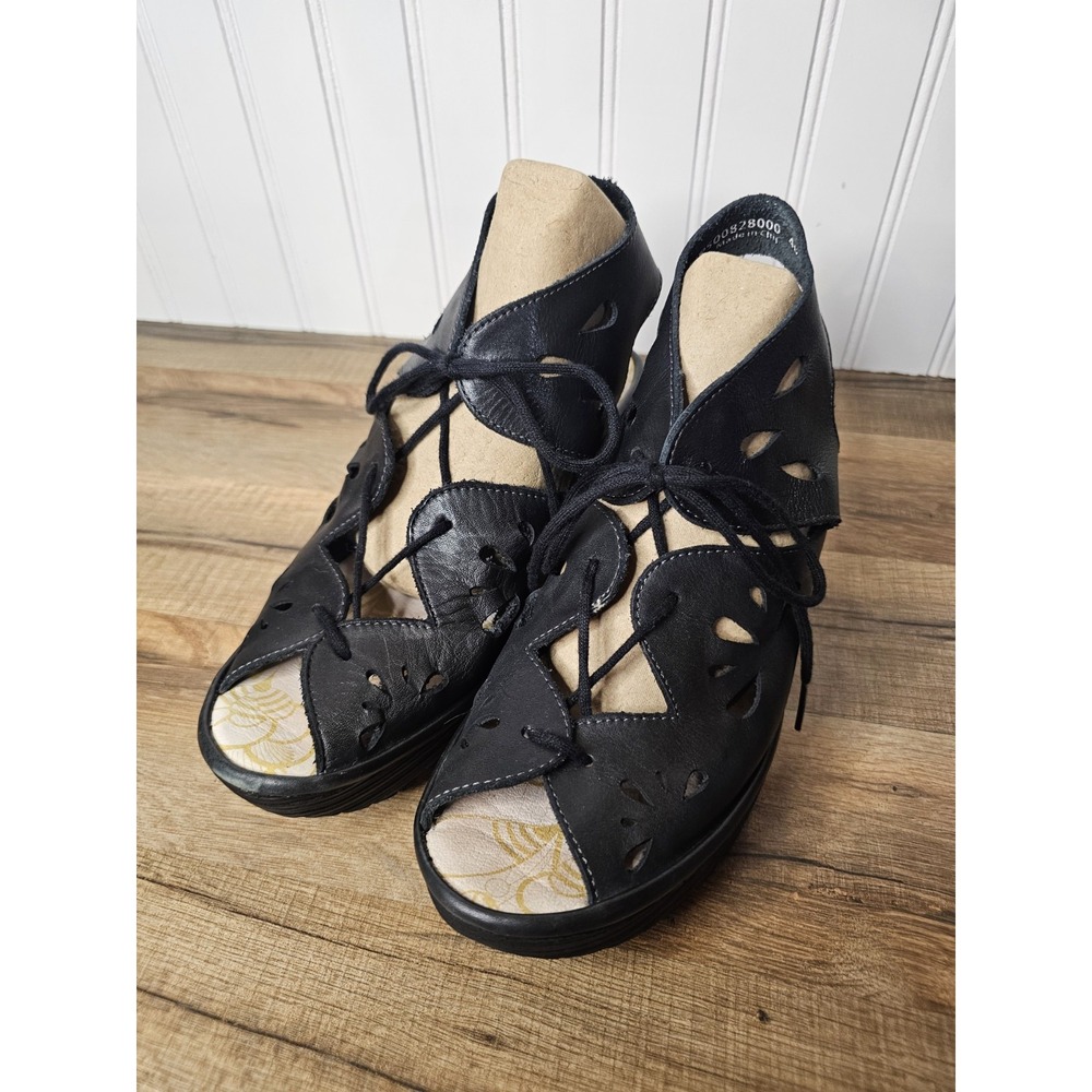 Fly London Yote Leather Lace Up Cutout Wedge Sandals Women's 40 9-9.5